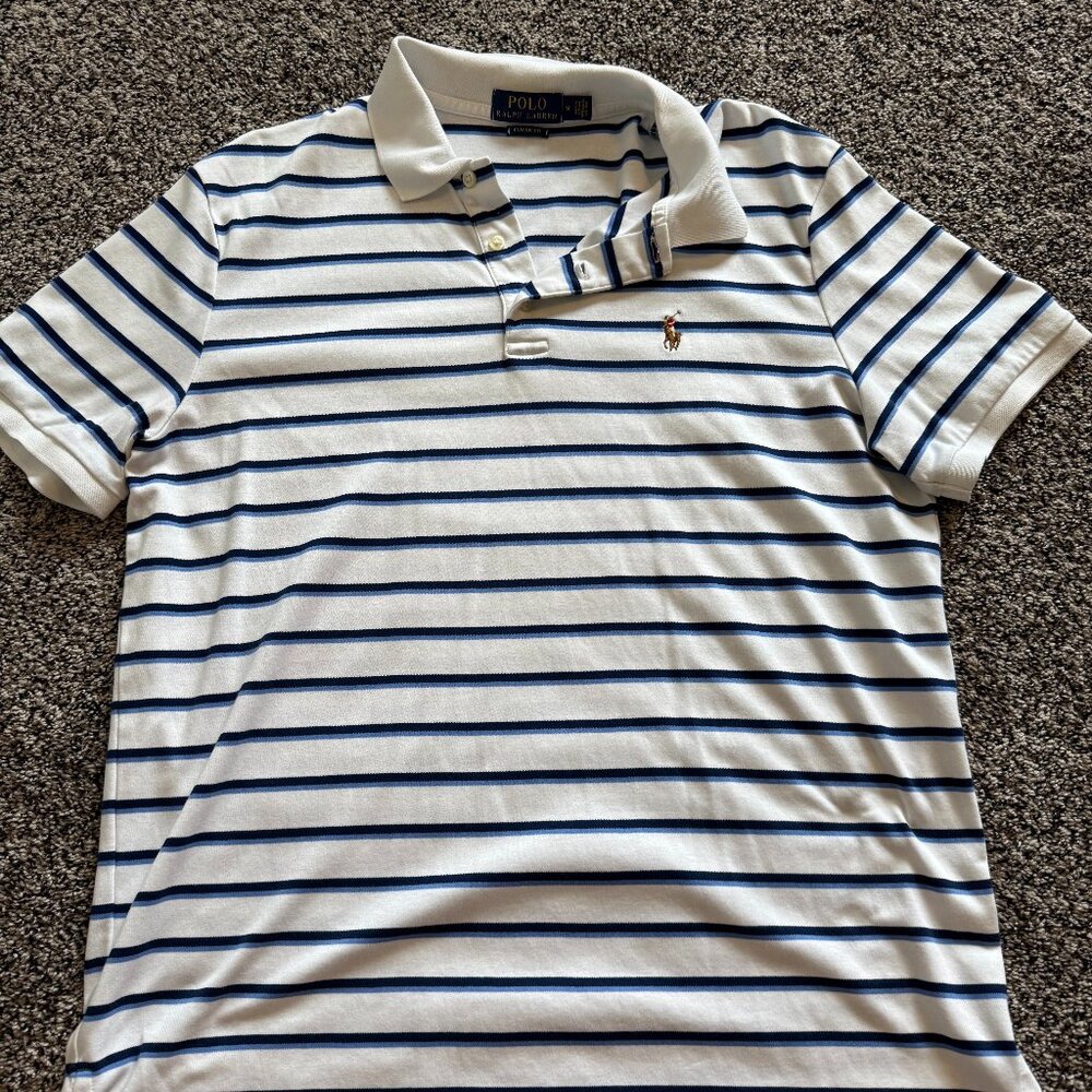 Men's white Polo with blue stripes